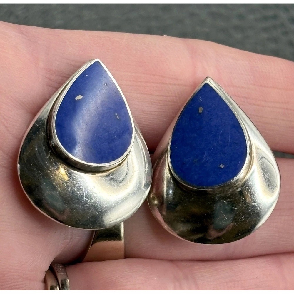 Signed Boma 925 Sterling Silver Lapis Lazuli Teardrop 80s 90s Clip-On Earrings